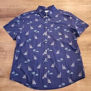 Sonoma Sail Boats & Palm Trees Short Sleeve Button-Up Shirt -Modern Fit-Men's XL